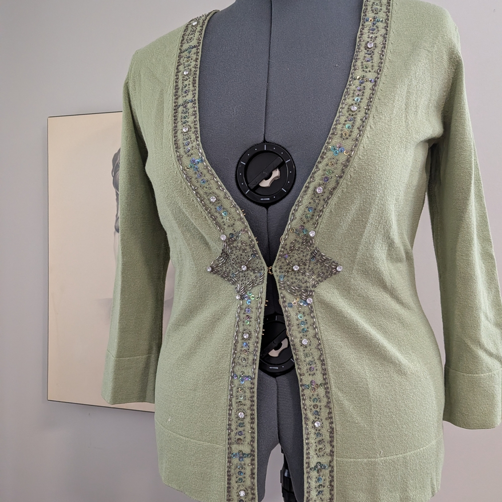 Vintage Nine West Green Embellished Crop Sleeved Cardigan